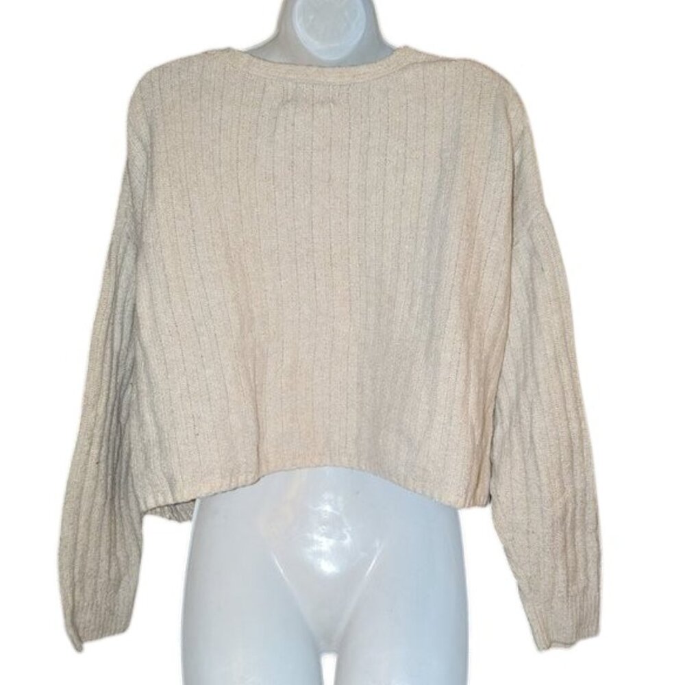 *3 FOR $9* Pink Rose Oversized Ribbed Boxy V-Neck Ivory Long Sleeve Sweater Top - Picture 3 of 3
